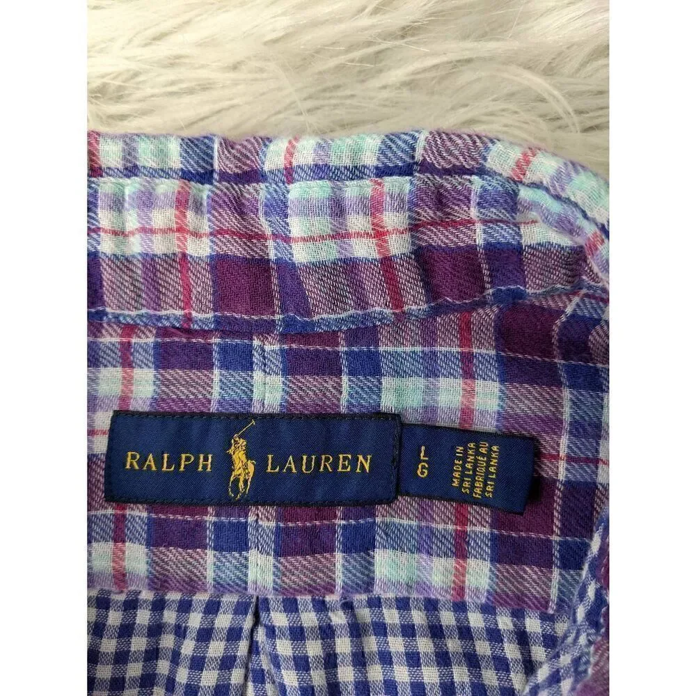 Ralph Lauren Button up Shirt Men Blue Purple Plaid Flannel Cotton Shirt Sz L Lar